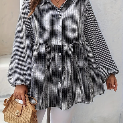 Plus Size Plaid Collared Neck Long Sleeve Shirt