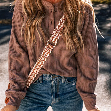 Waffle-Knit Round Neck Long Sleeve Blouse