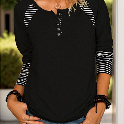 Full Size Striped Quarter Button Long Sleeve T-Shirt