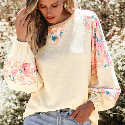 Printed Round Neck Balloon Sleeve Blouse