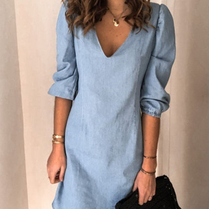 Full Size V-Neck Half Sleeve Denim Dress - Vickie Lynn's