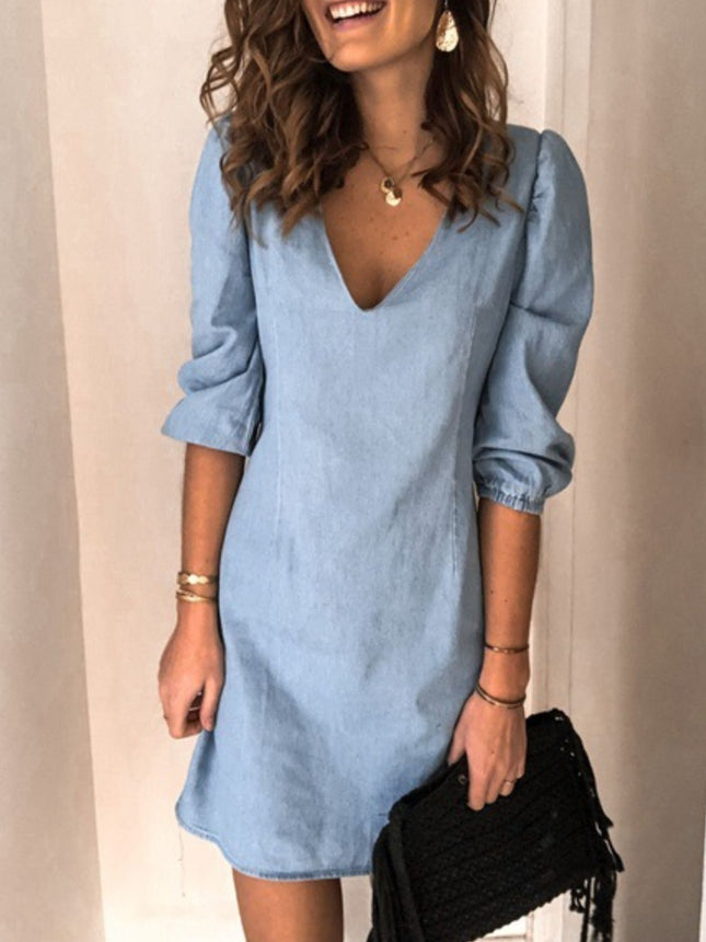 Full Size V-Neck Half Sleeve Denim Dress - Vickie Lynn's