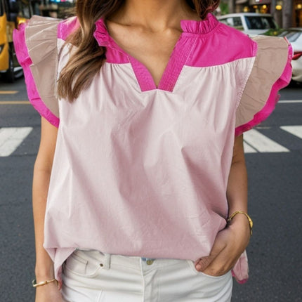 Ruffled Color Block Notched Cap Sleeve Blouse