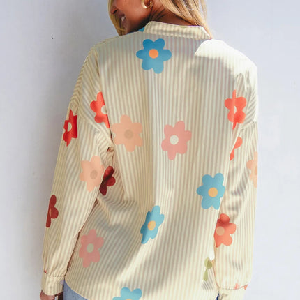 Striped Flower Button Up Long Sleeve Shirt