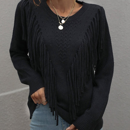 Double Take Fringe Detail Ribbed Trim Sweater