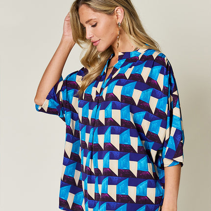 Double Take Full Size Geometric Notched Half Sleeve Blouse