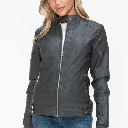 Snobbish Faux Leather Biker Jacket with Side Zip Pockets