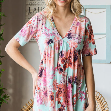 Heimish Full Size Floral V-Neck Short Sleeve Babydoll Blouse