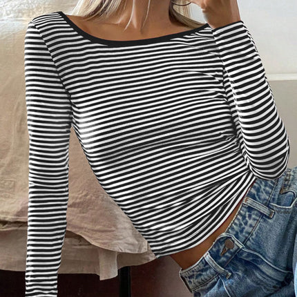 Devine Backless Striped Boat Neck Long Sleeve T-Shirt