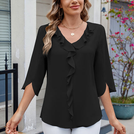 Ruffled V-Neck Three-Quarter Sleeve Blouse