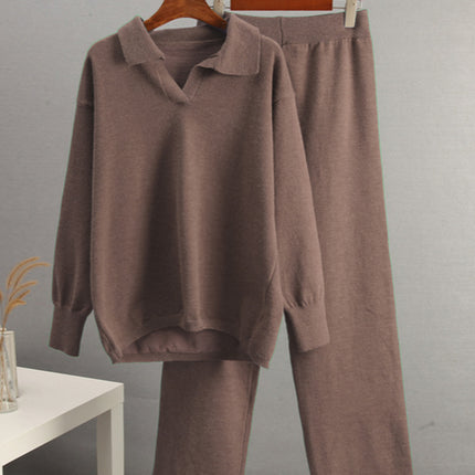 Johnny Collar Long Sleeve Top and Pants Sweater Set