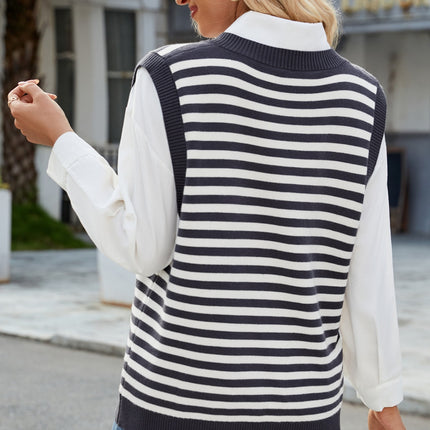 Slit V-Neck Striped Sweater Vest