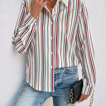 Perfee Contrast Striped Collared Neck Long Sleeve Shirt