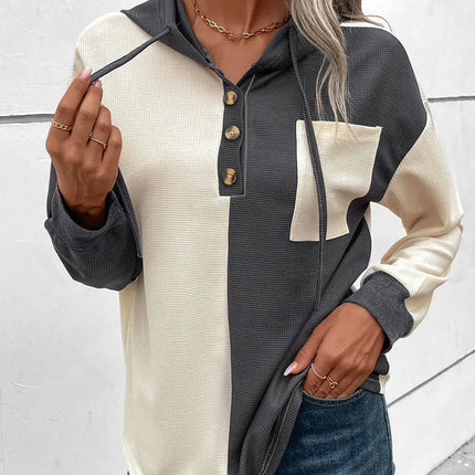 Drawstring Quarter Button Contrast Long Sleeve Hoodie