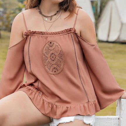 Plus Size Frill Square Neck Long Sleeve Blouse