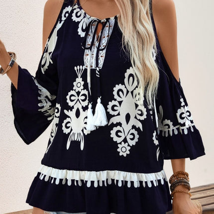 Tassel Printed Tie Neck Cold Shoulder Blouse