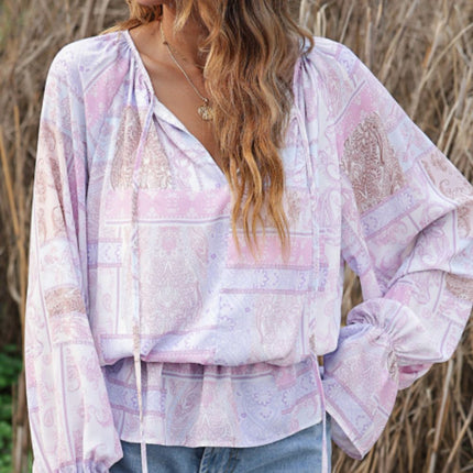 Printed Tie Neck Flounce Sleeve Blouse
