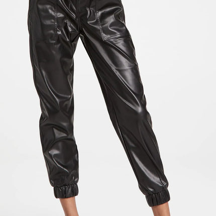 Drawstring PU Leather Pants with Pockets