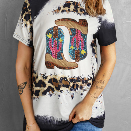 Sequin Boots Leopard Round Neck Short Sleeve T-Shirt