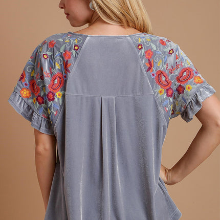 Umgee Velvet Embroidery Short Sleeve Blouse