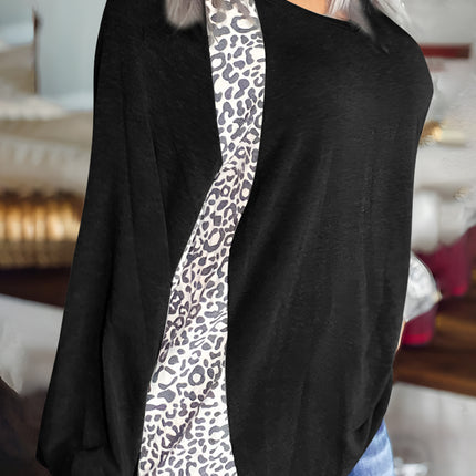 Full Size Leopard V-Neck Long Sleeve T-Shirt