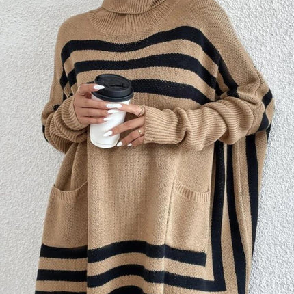 Striped Turtleneck Batwing Sleeve Sweater with Pockets