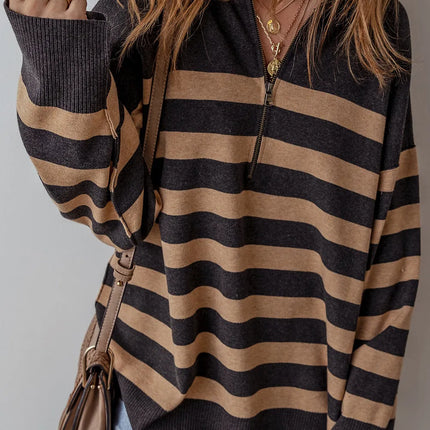 Striped Half Zip Long Sleeve Knit Top