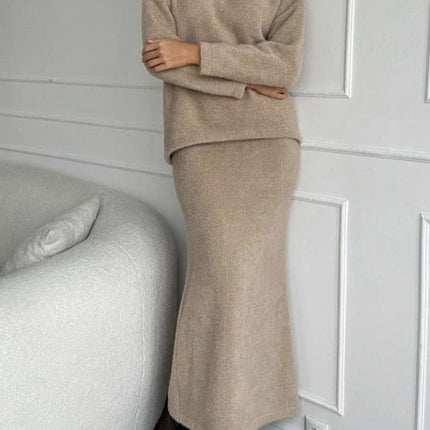 Round Neck Dropped Shoulder Top and Midi Skirt Sweater Set