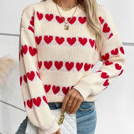 Heart Round Neck Dropped Shoulder Sweater