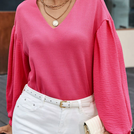 Waffle-Knit V-Neck Long Sleeve Blouse