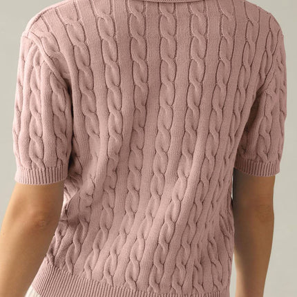 Cable-Knit Collared Neck Half Sleeve Sweater