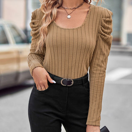 Ribbed Scoop Neck Puff Sleeve T-Shirt