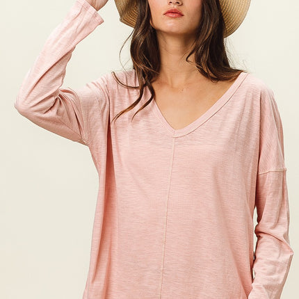 BiBi Exposed Seam V-Neck Long Sleeve T-Shirt