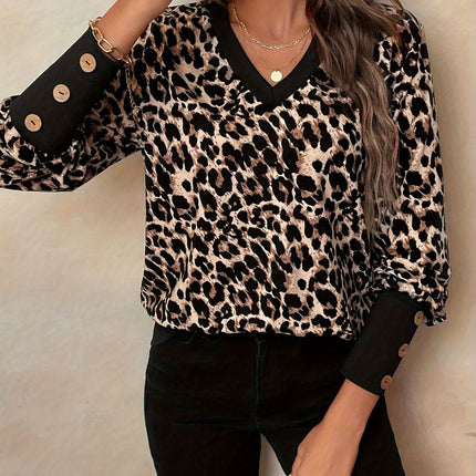 Decorative Button Leopard V-Neck Long Sleeve T-Shirt