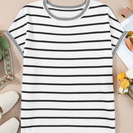 Striped Round Neck Cap Sleeve Knit Top