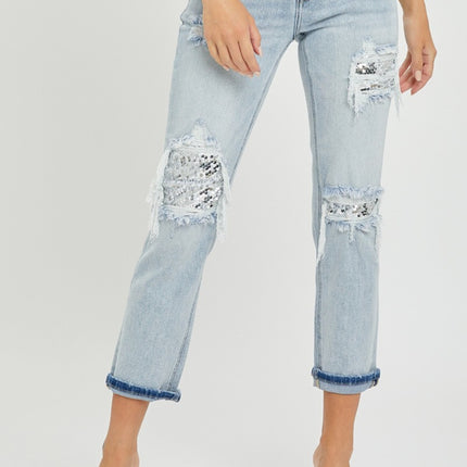 RISEN Mid-Rise Sequin Patched Jeans