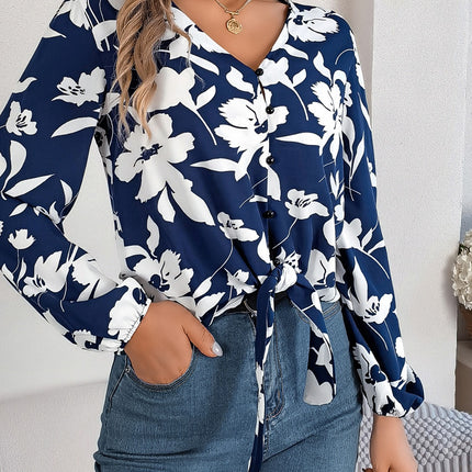 Printed V-Neck Long Sleeve Blouse