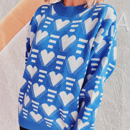 Heart Contrast Long Sleeve Dropped Shoulder Sweater