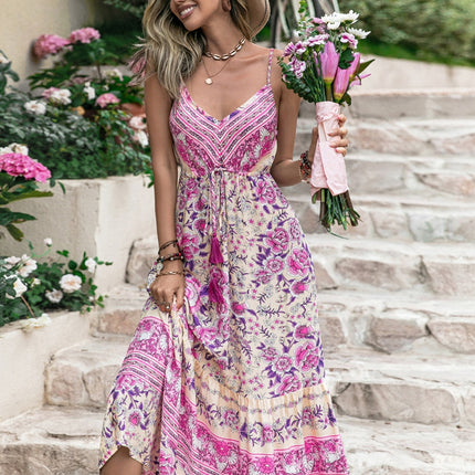 Tassel Printed V-Neck Maxi Dress