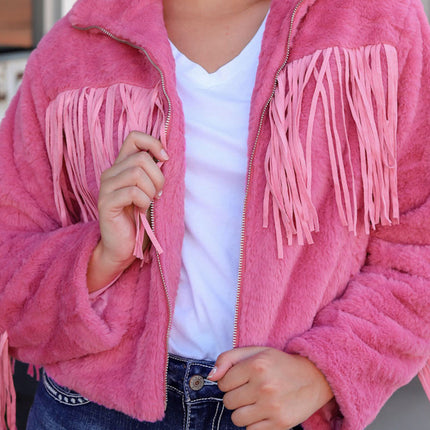 Fringed Zip Up Fleece Jacket