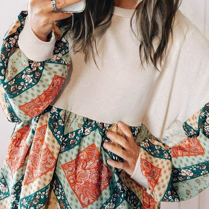 Printed Round Neck Long Sleeve Blouse