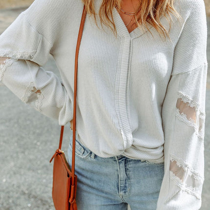 Lace Detail Drop Sleeve Ribbed Top