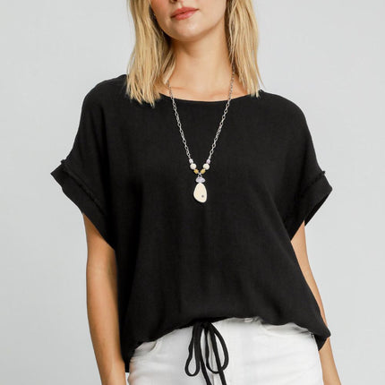 Umgee Drawstring Hem Round Neck Short Sleeve T-Shirt