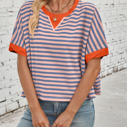 Lovelet Striped Round Neck Short Sleeve T-Shirt