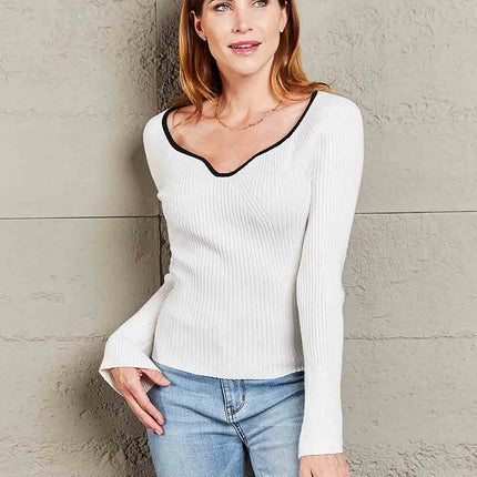 Double Take Contrast Sweetheart Neck Ribbed Top