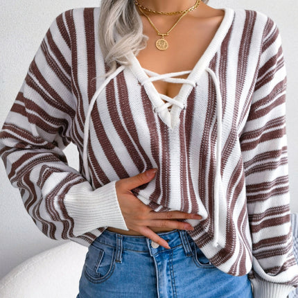 Striped Lace-Up Long Sleeve Sweater