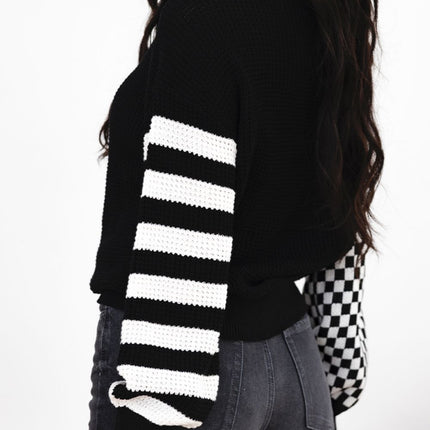 Striped & Checkered Turtleneck Dropped Shoulder Sweater