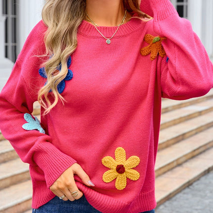 Crochet Flower Round Neck Sweater