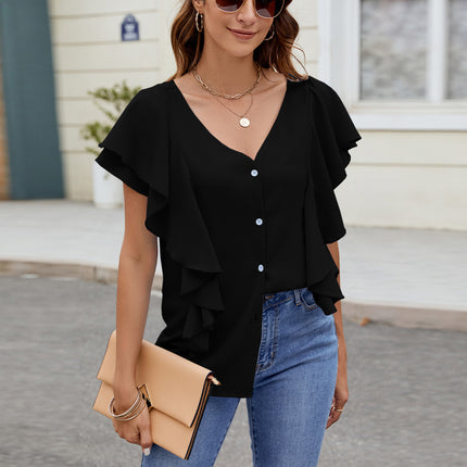 Ruffled V-Neck Short Sleeve Top