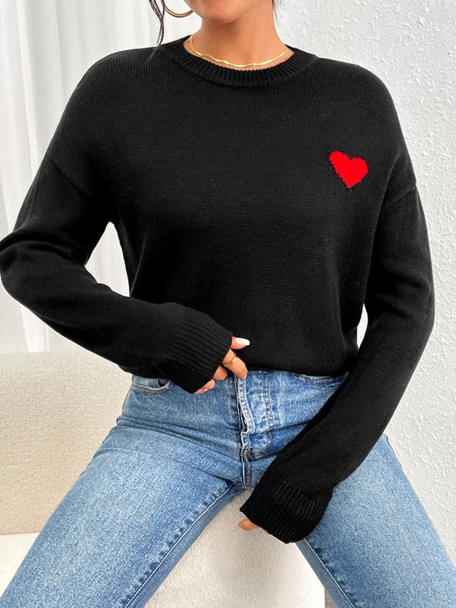 Heart Round Neck Long Sleeve Sweater